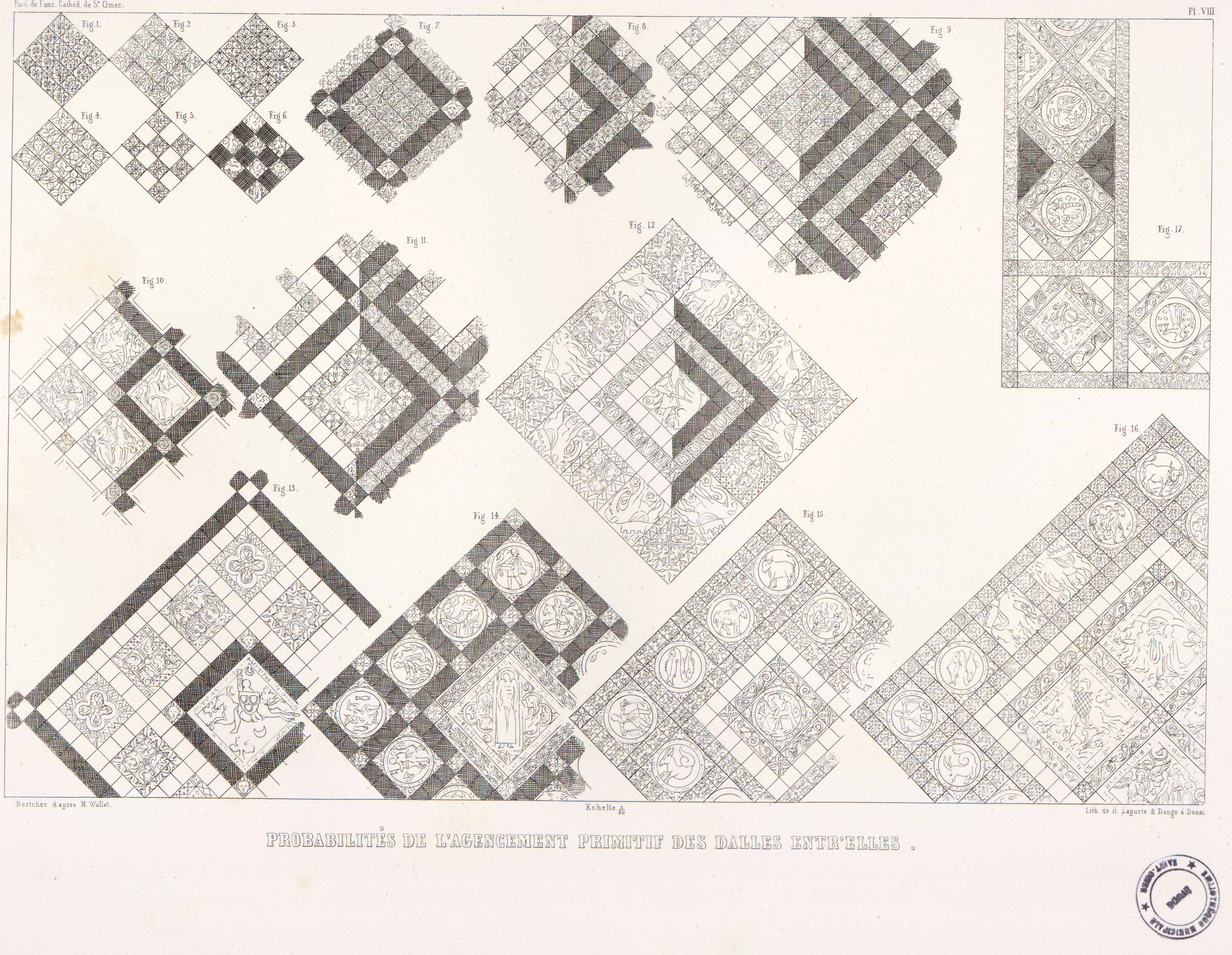 Planche VIII : Probabilités de l’agencement primitif des dalles entr’elles, Bertcher d’après M. Wallet, lithographie de H. Laporte et Dangu (CPE 653-79 bis/8)